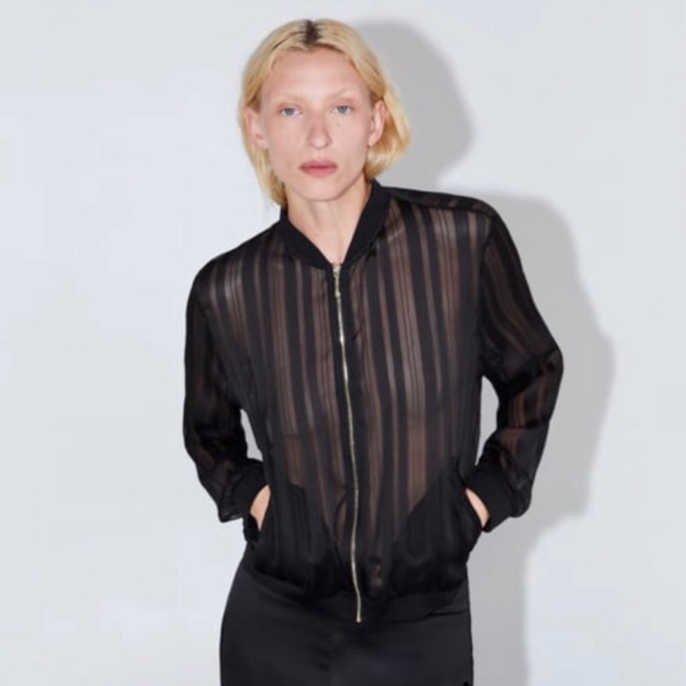 Zara Black Semi-Sheer Bomber Jacket Size Small